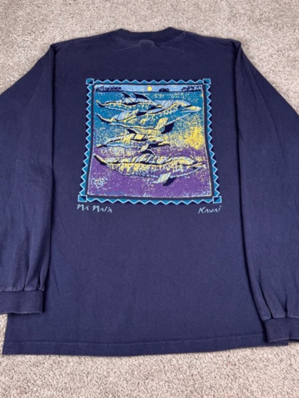 Vintage Crazy Shirts Hawaii Shirt Long Sleeve Dolphin Print USA Made Blue Medium